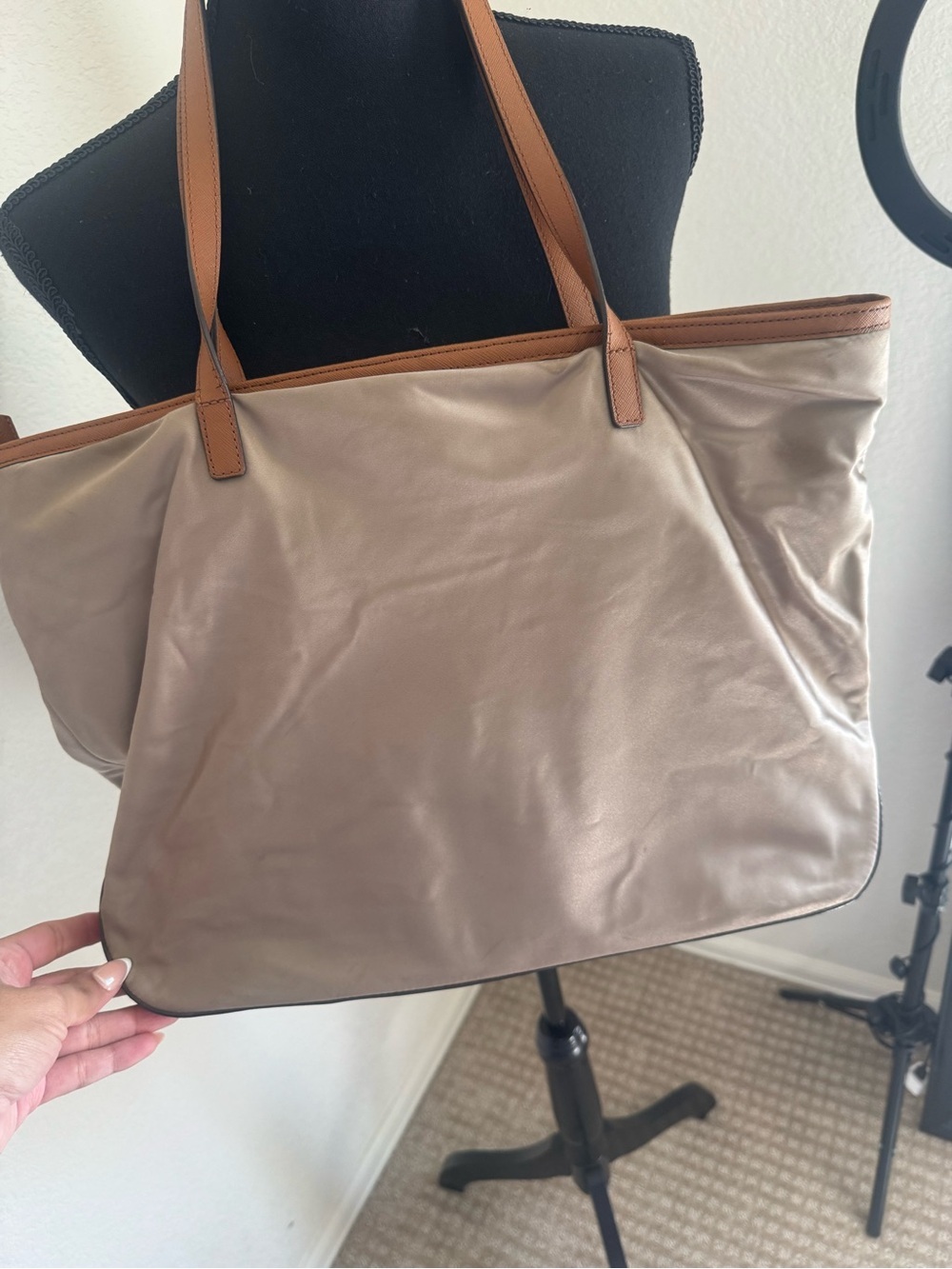Michael Kors Beige Nylon Tote with Brown Leather Trim and Gold Hardware - Picture 7 of 14